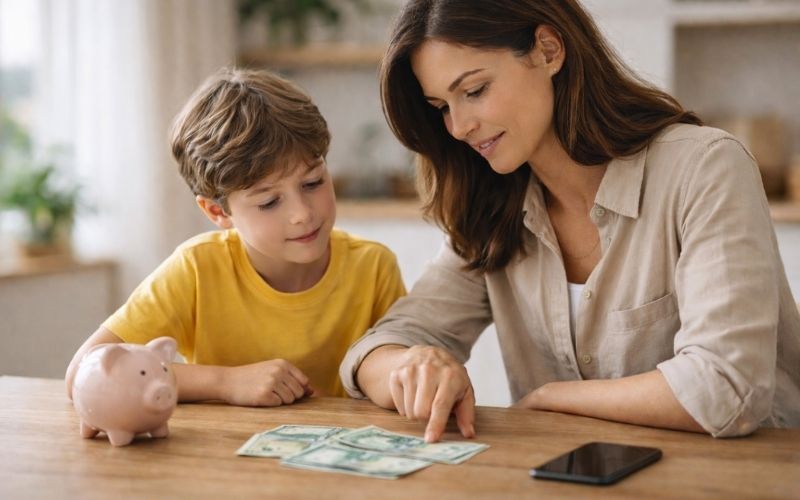 Mãe orienta criança na organização da mesada com notas em dinheiro, cofrinho e celular sobre a mesa, ilustrando a educação financeira infantil de forma prática e guiada.
