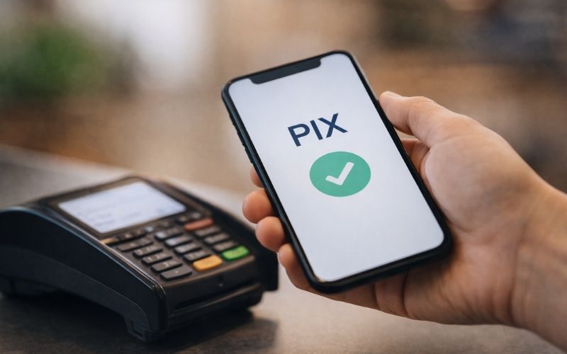 Pagamento via PIX realizado pelo celular em maquininha, ilustrando o conceito de dinheiro invisível na educação financeira infantil.