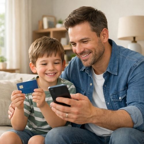 Pai e filho sentados no sofá da sala. O pai usa o celular para ajudar o filho a criar uma conta digital, enquanto a criança segura um cartão e sorri. Ambiente claro, acolhedor e familiar, representando educação financeira em família.